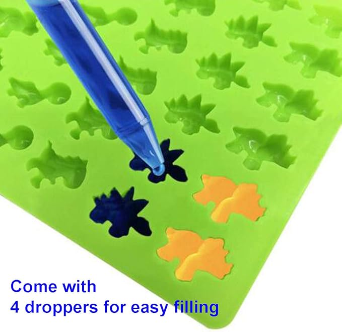 KRLIFCSL Mini Gummy Dinosaur Silicone Candy Molds, Non-Stick Chocolate Molds for Making Fruit Gummies, Chocolates, Vitamin Candy, Party Novelty Gift, Pack of 4 with 4 Droppers (Mini Dinosaur)