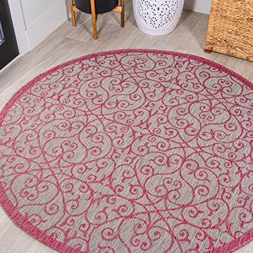 JONATHAN Y Vintage Filigree Indoor Outdoor Round Area Rug 5 Ft Light Gray/Fuchsia, Madrid Textured Weave for Backyard, Patio, Porch, Easy-Cleaning, High Traffic, Pet-Friendly, Non-Shedding SMB107I-5R by JONATHANY