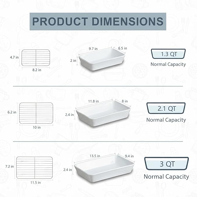 ONEMORE Baking Dishes for Oven, Large Casserole Dishes for Oven with Roasting Racks, Rectangular Ceramic Baking Dish Set of 3 for Cooking & Serving, Handleless Deep Dish Lasagna Pan (3QT/2.1QT/1.3QT)