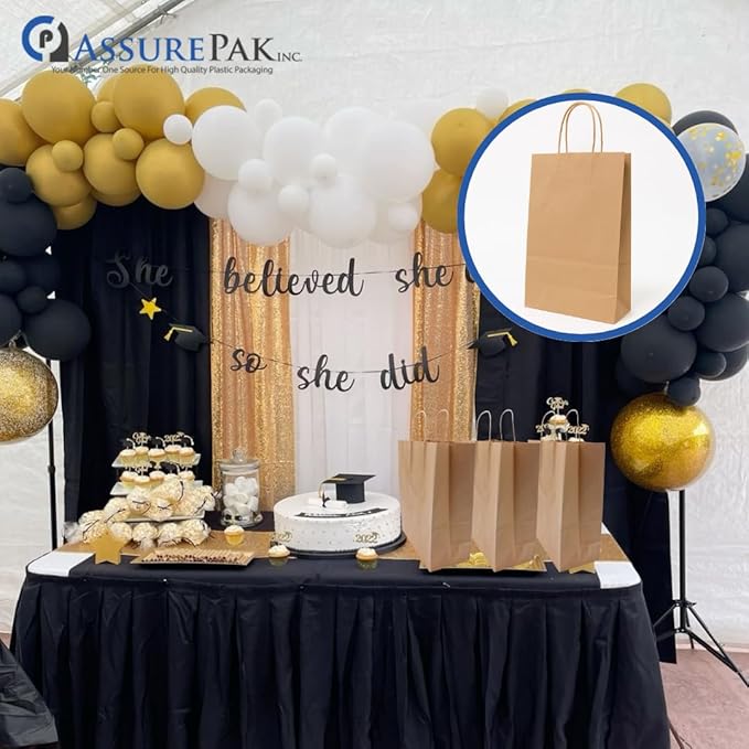 ASSUREPAK DIY Earth Friendly Paper Bags - 60LB - 10"x6.75"x12" - 50 Bags - 90 GSM - Kraft/Natural - Gift Bags for Decorating & Graduation Parties