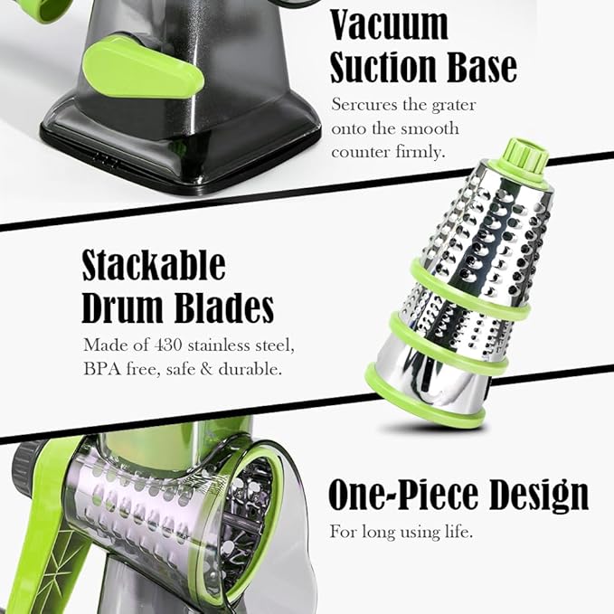 Cheese Grater Rotary Cheese Grater,Versatile Cheese Shredder,Blades for Shredding, Grating, Slicing,Cheese Shredder with Suction Base and Cleaning Brush Kitchen Gift (green)