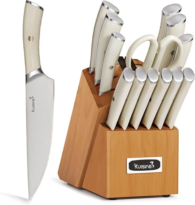 Kuisine Sharp Chef Knife Set,High Carbon Stainless Steel Ergonomic Rivet Handle,Knife Block Set with Built-in Sharpener(Acacia Ivory Pro,15PCS)