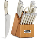 Kuisine Sharp Chef Knife Set,High Carbon Stainless Steel Ergonomic Rivet Handle,Knife Block Set with Built-in Sharpener(Acacia Ivory Pro,15PCS)
