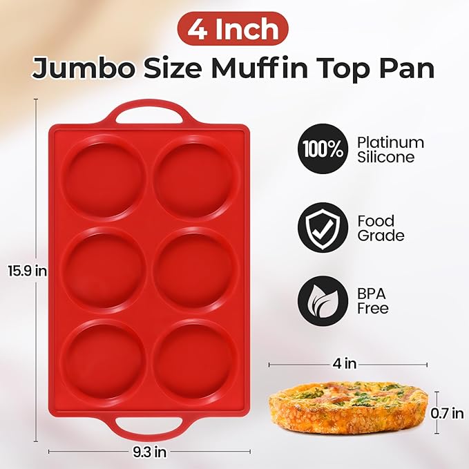 CAKETIME Muffin Top Pan Non Stick,4 Inch Metal Frame Round Egg Baking Pan for Oven English Muffins, Whoopie Pies, Corn Bread, Egg Bites, Breakfast Sandwiches Tarts Red