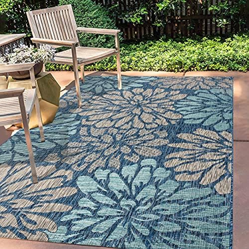 JONATHAN Y Floral Textured Weave Indoor Outdoor Area Rug 9X12 Navy/Aqua, Zinnia Modern for Backyard, Patio, Porch, Easy-Cleaning, High Traffic, Pet-Friendly, Non-Shedding (SMB110C-9) - Image 3