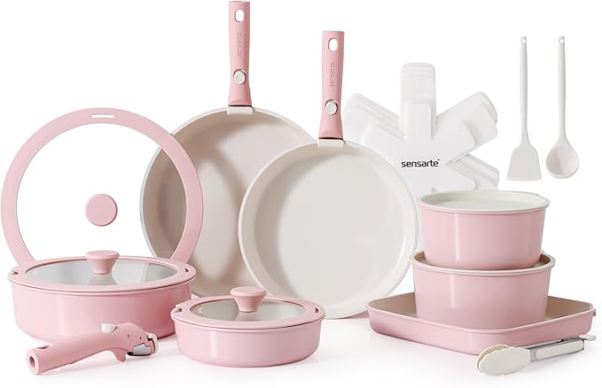 SENSARTE 24 Piece Ceramic Pots and Pans Set, Nonstick Detachable Handle Cookware, Induction Kitchen Cookware Set with Removable Handle, Healthy Non Stick for RV, Dishwasher＆Oven Safe, PFOA Free (Pink)