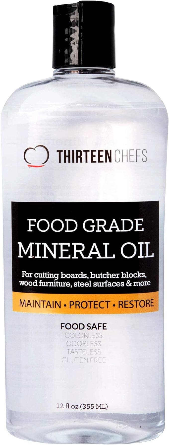 Thirteen Chefs Mineral Oil - 12oz Food Grade Conditioner for Wood Cutting Board, Countertop & Butcher Block, Lubricant for Knife or Meat Grinder - Safe USP Finish on Marble, Soapstone