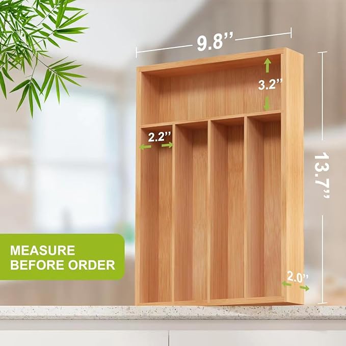Bamboo Utensil Drawer Organizer, Kitchen Organizer for Flatware Cutlery, Silverware Tray for Drawer (5 Slots, Natural)