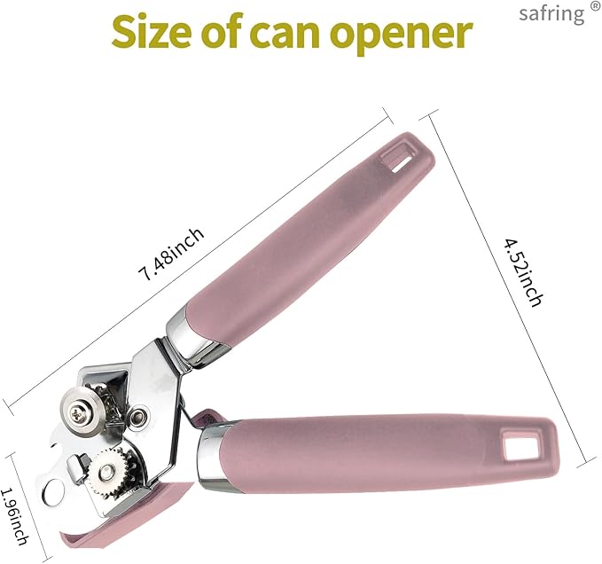 Can Opener Manual, Handheld Strong Heavy Duty Stainless Steel Can Opener, Comfortable Handle, Sharp Blade Smooth Edge, Can Openers with Multifunctional Bottle Opener, Pink