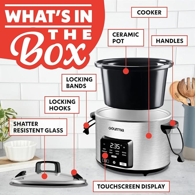 Gourmiia 4.5 Qt Programmable Slow Cooker with 5 Presets, Slow Cook, Digital Timer, Keep Warm Function, Nonstick Interior, Dishwasher Safe (Stainless Steel)