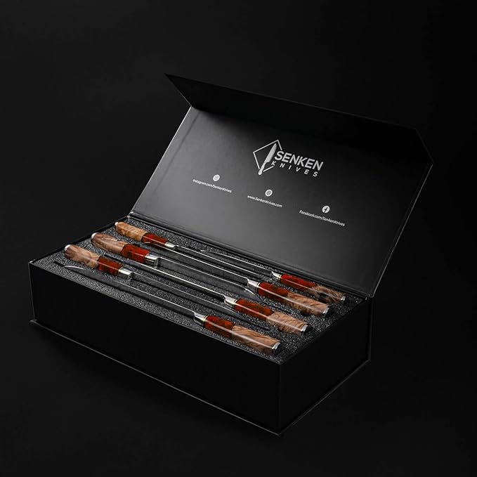 SENKEN 7-Piece Damascus Kitchen Knife Set - Tsunami Collection - 67-Layer Japanese VG10 Steel - Chef's Knife, Cleaver, Santoku, Bread, Boning, & More (Red Resin Blend)