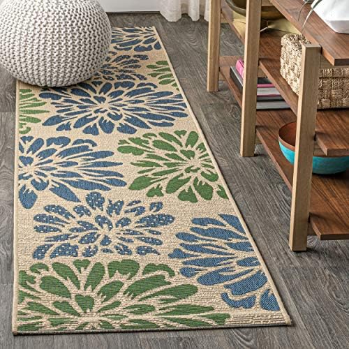 JONATHAN Y Floral Textured Weave Indoor Outdoor Runner Rug 2X20 Navy/Green, Zinnia Modern for Backyard, Patio, Porch, Easy-Cleaning, High Traffic, Pet-Friendly, Non-Shedding (SMB110B-220) by JONATHANY