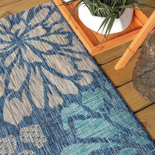JONATHAN Y Floral Textured Weave Indoor Outdoor Square Area Rug 4X4 Navy/Aqua, Zinnia Modern for Backyard, Patio, Porch, Easy-Cleaning, High Traffic, Pet-Friendly, Non-Shedding (SMB110C-4SQ) - Image 4
