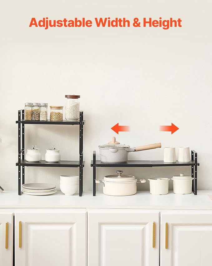 VEVOR Adjustable Kitchen Cabinet Shelf Organizer, Expandable 2 Tier Cabinet Shelf, Stackable Countertop Organizers and Storage Risers, Pantry for Kitchen Bathroom Office, Black