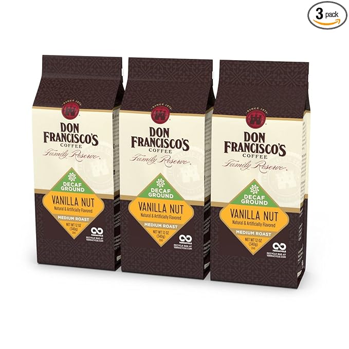 Don Francisco's Decaf Vanilla Nut Ground Coffee, Medium Roast – Flavored 100% Arabica, 3-Pack (12 oz Bags), Premium Coffee for Drip, Pour Over & French Press