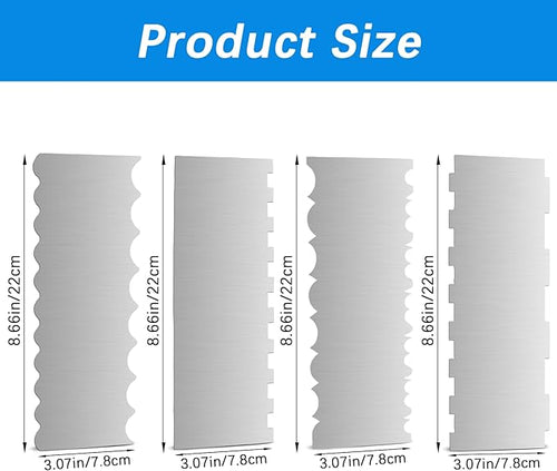4 Pieces Stainless Steel Cake Scraper 10 Inch and Sided Patterned Edge Stripe Edge Smoother Scraper Cake Decorating Comb Cake Pastry Cutter for Mousse Butter Cream Cake Decoration