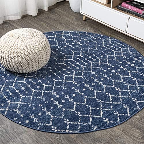 JONATHAN Y Boho Vintage Diamond Blue/White Round Area Rug 5 ft, Moroccan Hype for Living Room, Bedroom, Kitchen, Office, Easy-Cleaning, High Traffic, Pet-Friendly, Non-Shedding (MOH101A-5R) by JONATHANY