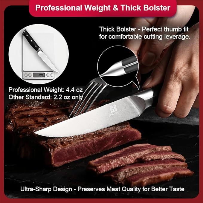 4.5 Inch Steak Knives Set of 8, Micro-Cutting Point Serrated Edge, Very Sharp Steak Knife, Dishwasher Safe, 50CR15MOV Stainless Steel, Handle Ergonomic And Full Tang Design With Gift Box