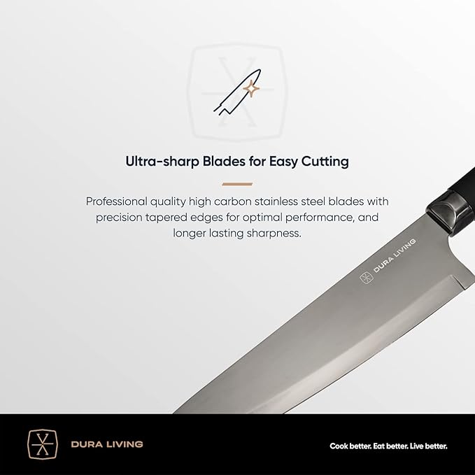 DURA LIVING Chef Knife, 8 Inch Nonstick Titanium Plated Stainless Steel Ultra Sharp Blade, With Ergonomic Comfort Grip Handle Chef's Cooking Knife, With Matching Sheath