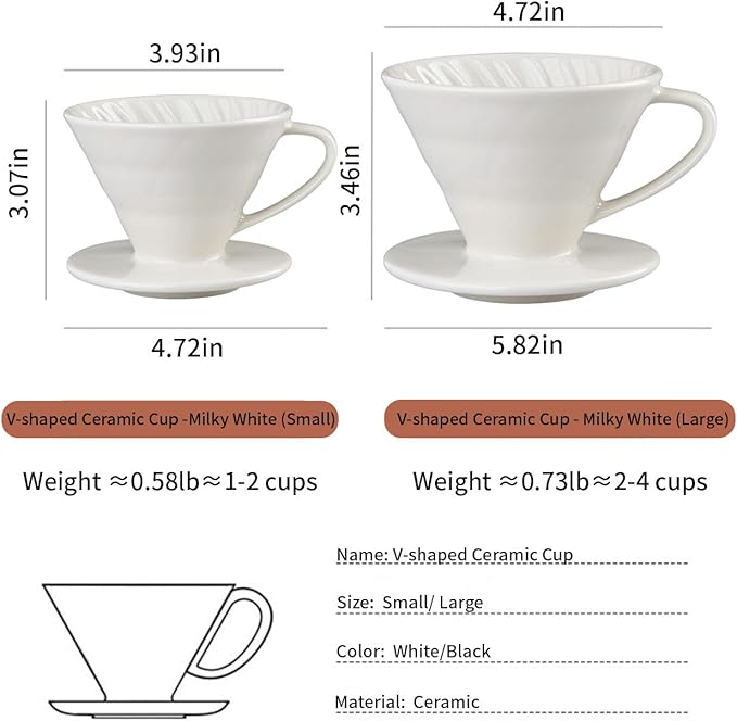 Pour Over Coffee Maker, Single Cup Coffee Dripper, Manual Porcelain Slow Brewing Accessories for Travel, Camping, Office, Home, Cafe, Coffee Gifts (White, Large,2-4Cups)