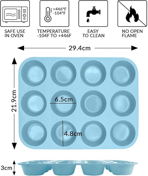 12 Cups Silicone Muffin Pan, Nonstick Cupcake Pan, Heat Resistant Silicone Muffin Tin, Reusable Cupcake Moulds Baking Pan for Cakes, Bread (Blue-2 Packs)