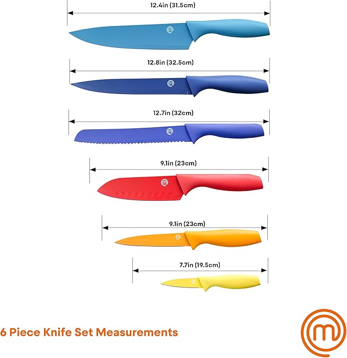 MasterChef Kitchen Knife Set with Covers incl. Paring, Boning, Carving, Bread, Santoku & Chef Knife, Sharp Cutting Stainless Steel Blades with Sheaths, 12 Piece (6 Colored Kitchen Knives & 6 Covers)