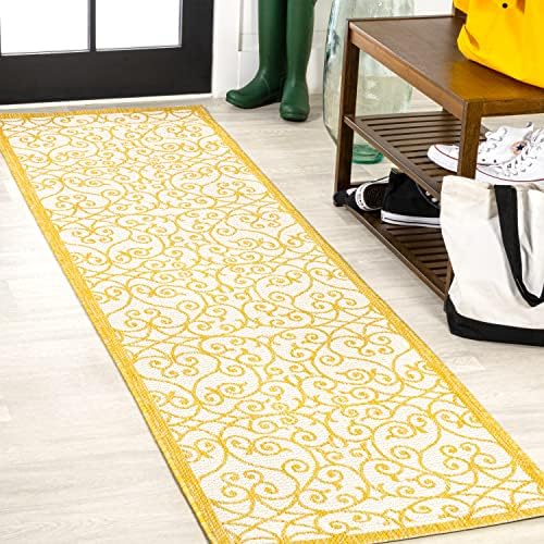 JONATHAN Y Vintage Filigree Indoor Outdoor Runner Rug 2X10 Cream/Yellow, Madrid Textured Weave for Backyard, Patio, Porch, Easy-Cleaning, High Traffic, Pet-Friendly, Non-Shedding (SMB107D-210) by JONATHANY