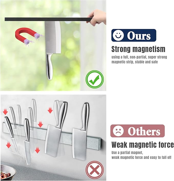Dmore magnetic knife holder for wall—with 3 hooks, No Drilling 16 Inch black knife magnetic strip, Powerful knife magnet rack, include Adhesive Tape and screws for Knives, Utensils, and Tools