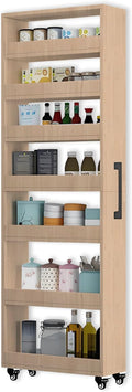 7-Tier Slim Storage Cart, Wooden Rolling Pantry Cabinet with Wheels, Narrow Shelf Organizer for Kitchen, Bakers Rack, Dining Room, Closet, Small Spaces Light Walnut 73.2''H*7.8''W*19.6''D