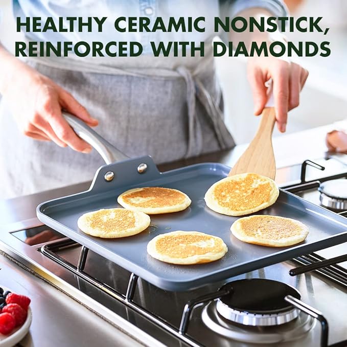 GreenPan Lima Hard Anodized 11” Square Griddle Pan, Ceramic Nonstick, PFAS-Free Nontoxic Pots and Pans, Oven & Broiler Safe, Stainless Steel Handle, Cookware for Eggs & Omelet, Gray