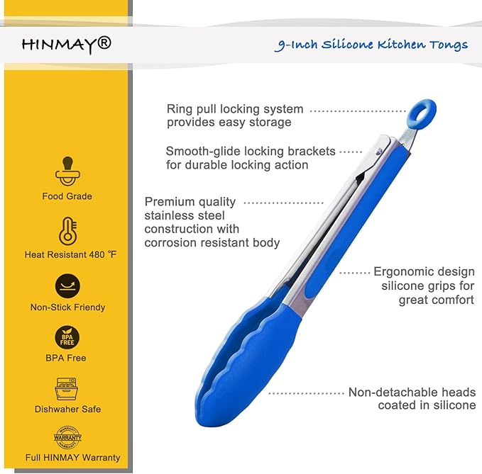 9-Inch Cooking Tongs with Silicone Tips, Set of 3 (Blue)