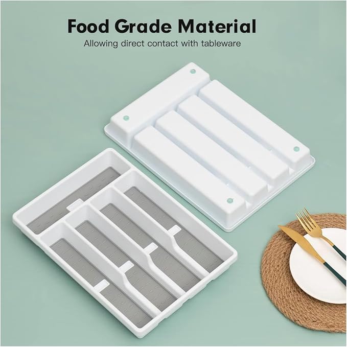 Cutesun Silverware Drawer Organizer Tray, Desktop Plastic Drawer Storage, Cutlery Storage for Kitchen Drawer, Flatware and Utensil Holder Divider for Spoons Forks Knives Tableware, 5 Compartment, Gray