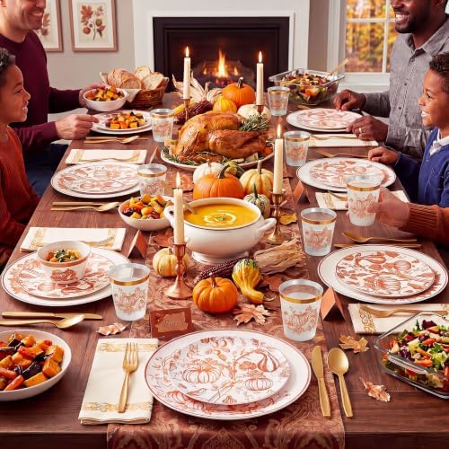 175 Pcs Rosh Hashanah Fall Plastic Dinnerware Set, Pumpkin, Orange - Image 6