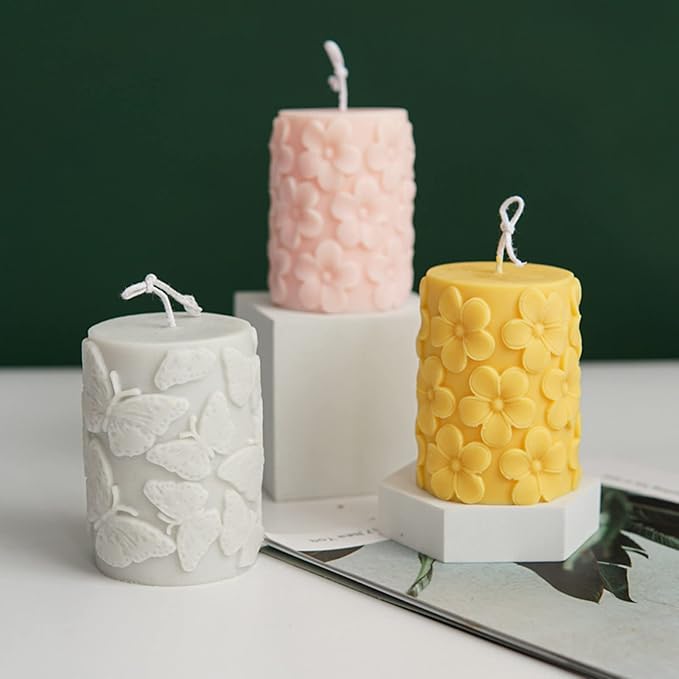 Embossed Butterfly Frangipani Cylinder Candle Molds, Pillar Candle Mold Epoxy Resin Casting Silicone Mould for Making Candle Soap Plaster Clay Mold (Frangipani)