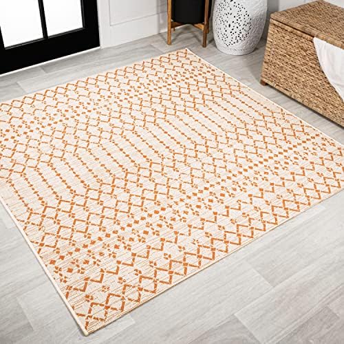 JONATHAN Y Moroccan Geometric Indoor Outdoor Square Area Rug 5X5 Cream/Orange, Ourika Textured Weave for Backyard, Patio, Porch, Easy-Cleaning, High Traffic, Pet-Friendly, Non-Shedding (SMB108O-5SQ) by JONATHANY