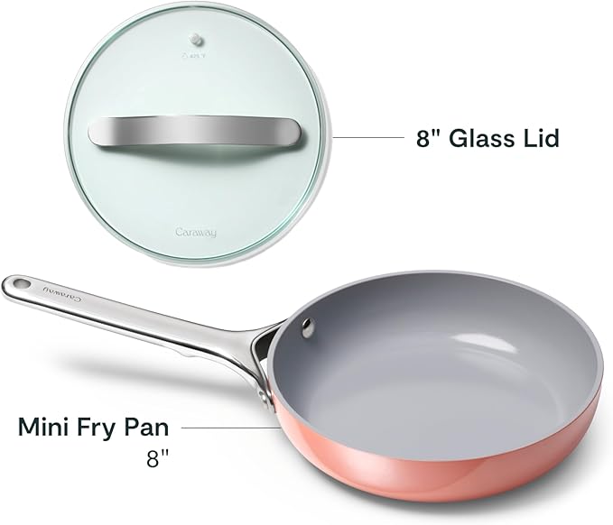 Caraway Nonstick Ceramic Mini Fry Pan With Glass Lid (1.05 qt, 8") - Non Toxic, PTFE & PFOA Free - Oven Safe & Compatible with All Stovetops (Gas, Electric & Induction) - Perracotta