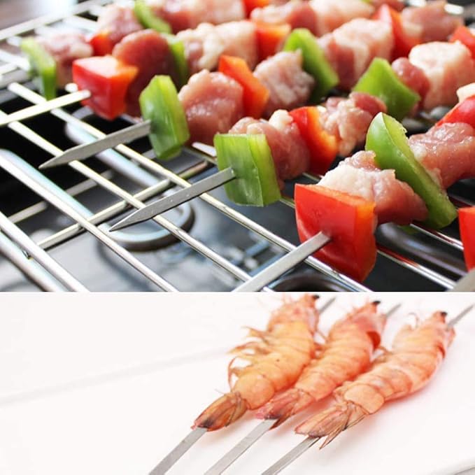 12 Pack Kabob Skewers BBQ Barbecue Skewers Stainless Steel Sticks 22 Inch Heavy Duty Large Wide Reusable with Nonslip Wooden Handle Ideal for Shish Kebab Chicken Shrimp and Vegetables