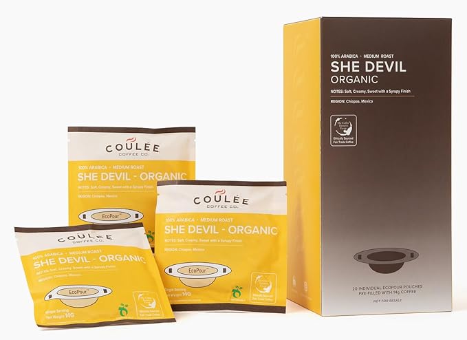 Coulée EcoPour She Devil Coffee, Single Serve Pour Over Arabic Coffee, Medium Roast, Use for Camping or Traveling, Pre Filled Compostable Filters, Ready to Brew with Hot Water, 20 Pack
