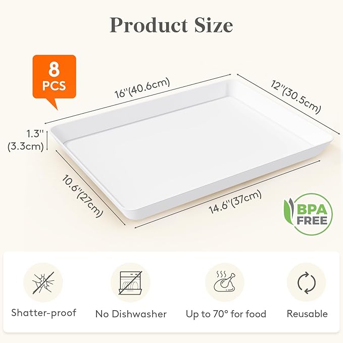 Lifewit Plastic Serving Tray for Party Supplies, 16" x 12" White Trays for Serving Food, Reusable Large Platter for Buffet, Fruit, Dessert, Snack, Veggie, Kitchen and Outdoor Use, Rectangle, 8 Pcs
