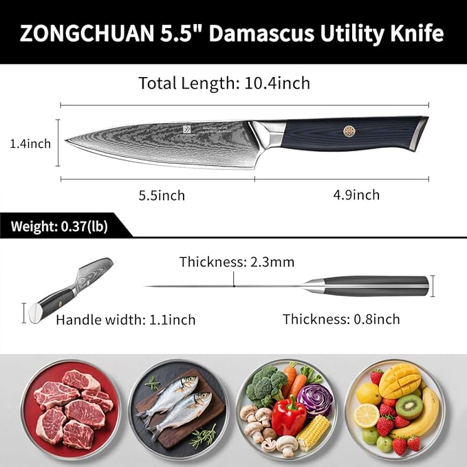 Utility Knife,5.5inch Damascus knife,67-Layer High Carbon Stainless Steel Kitchen Knife,Professiona Sharp Cutting Knives with Ergonomic Blue G10 Handle,Gift Box for Home and Kitchen Birthday Gift