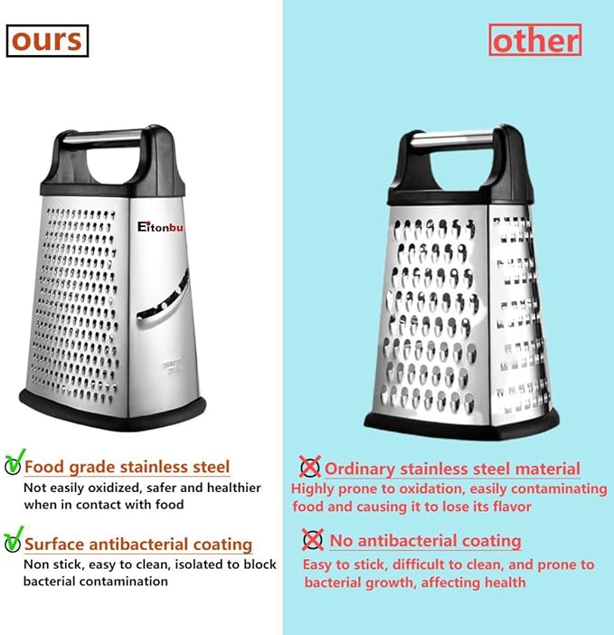 Multifunctional Stainless Steel Grater Slicer with Handle, Large 4 Sides Cutter for Ginger, Garlic, Cucumbers, Carrots, Cheese, Potato，Dishwasher Safe （Black）