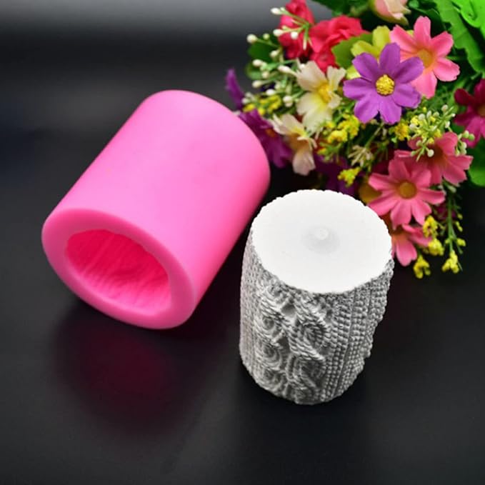 Lines Cylinder Candle Mold 3D Knitting Wool Pillar Silicone Candle Mould Fondant Chocolate Cake Tool for Handmade Soap, Polymer Clay