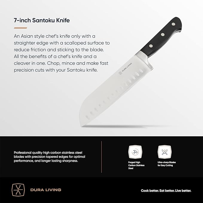 DURA LIVING Chef's Knife Set, 4 Piece Cutlery Knife Set, Superior Forged High Carbon Stainless Steel Ultra Sharp 8 Inch Chef, 7 Inch Santoku, 5 Inch Utility, 3.5 Inch Paring Knives, Black