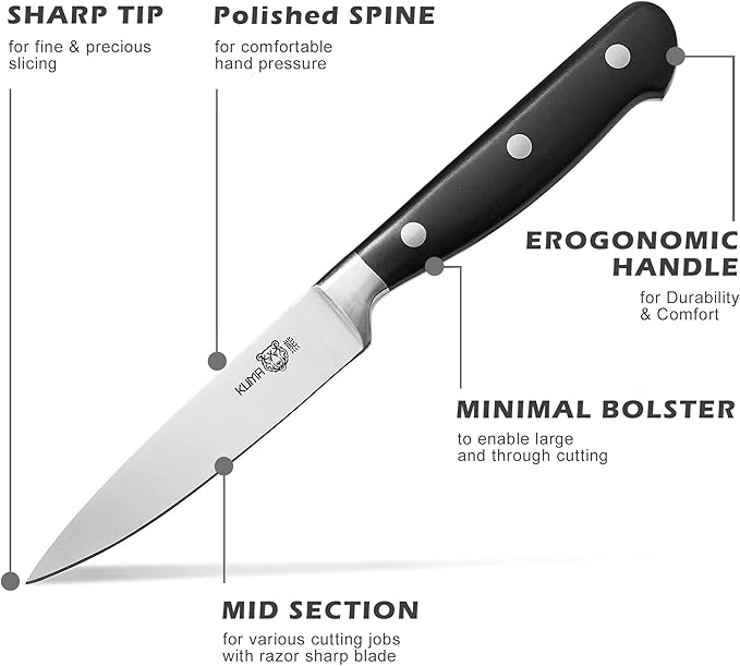 KUMA Paring Knife - 3.5 Inch Pro Bolster Japanese Profile Kitchen Knife For Detailing With Ease - Stainless Steel Vegetable & Fruit Knife With Ergonomic Design