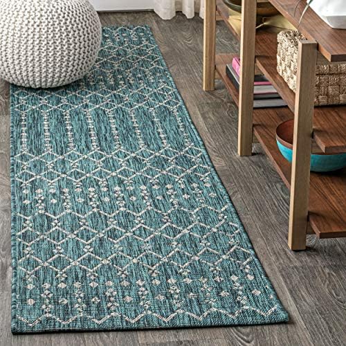 JONATHAN Y Moroccan Geometric Indoor Outdoor Runner Rug 2X8 Teal/Gray, Ourika Textured Weave for Backyard, Patio, Porch, Easy-Cleaning, High Traffic, Pet-Friendly, Non-Shedding (SMB108C-28) by JONATHANY