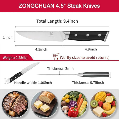 4.5 Inch Steak Knives Set of 8, Micro-Cutting Point Serrated Edge, Very Sharp Steak Knife, Dishwasher Safe, 50CR15MOV Stainless Steel, Handle Ergonomic And Full Tang Design With Gift Box