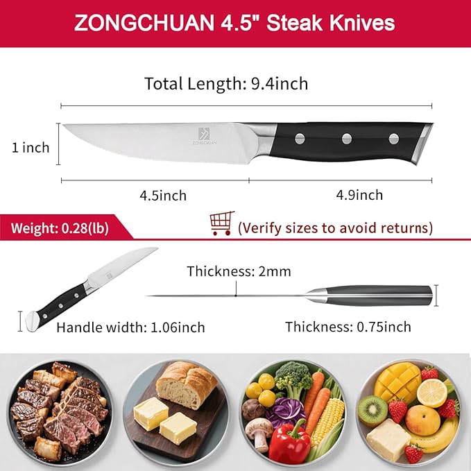 4.5 Inch Steak Knives Set of 6, Micro-Cutting Point Serrated Edge, Very Sharp Steak Knife, Dishwasher Safe, 50CR15MOV Stainless Steel, Handle Ergonomic And Full Tang Design With Gift Box