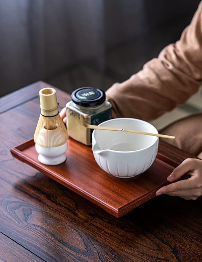 TANG PIN Matcha Set - Match Bowl and Whisk,15 OZ, Matcha Scoop | Matcha Whisk Stand (Chasen Holder) - 4pc Perfect Matcha Kit for Matcha Tea Ceremony (White)