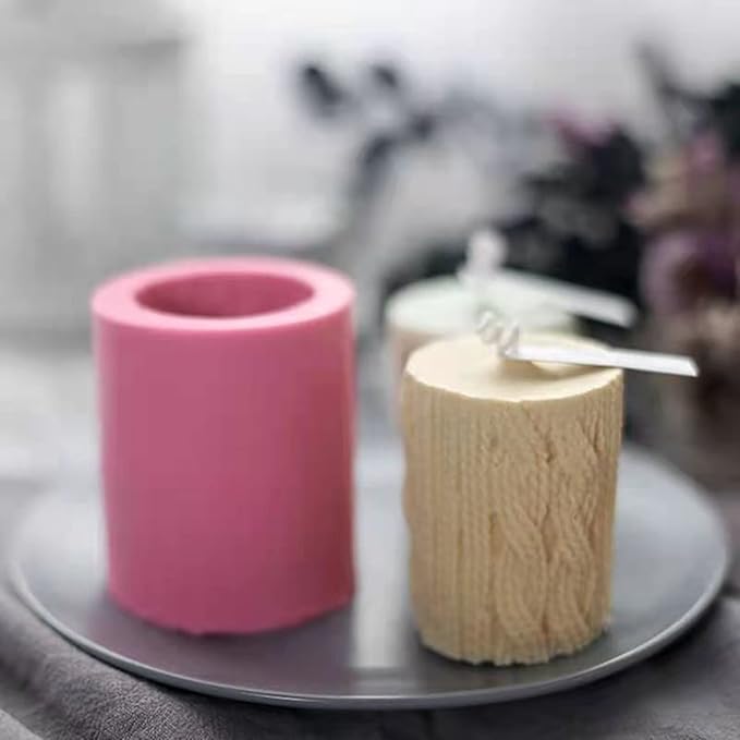 Lines Cylinder Candle Mold 3D Knitting Wool Pillar Silicone Candle Mould Fondant Chocolate Cake Tool for Handmade Soap, Polymer Clay