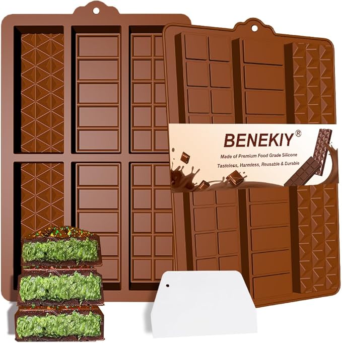 Deep Chocolate Bar Molds, 2 Pack Candy Bar Silicone Molds, Non-Stick 6 Cavities Thick Silicone Dubai Kunafa Pistachio Kit for Filling Chocolate Bar with Scraper